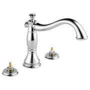 Chrome Delta Cassidy roman tub trim with curved spout and two separate valve bodies without handles.