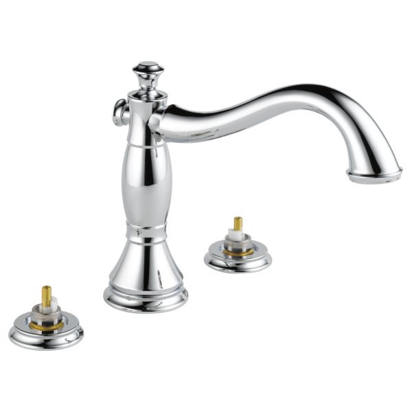 Chrome Delta Cassidy roman tub trim with curved spout and two separate valve bodies without handles.
