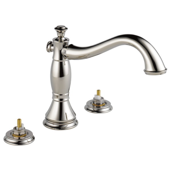 Chrome Roman tub faucet trim with curved spout and two separate valve trim rings with brass stems.