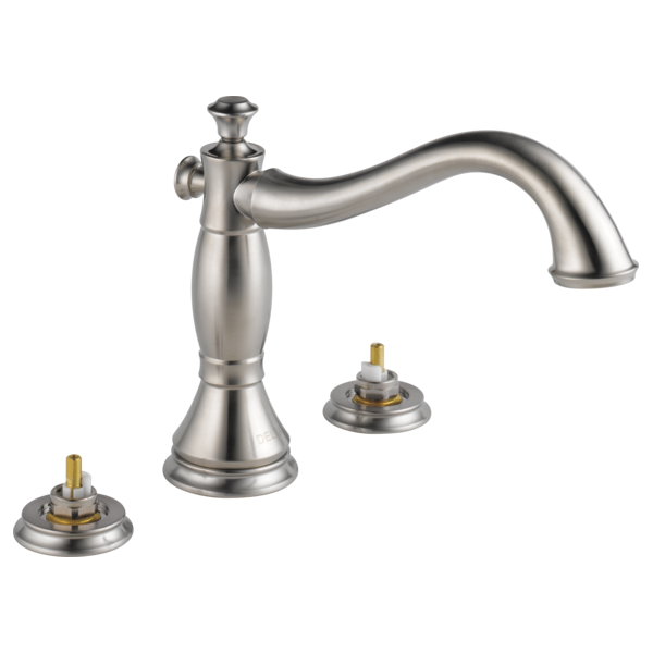Brushed nickel Roman tub trim with curved spout, decorative base, and two round mounting flanges with brass stems.