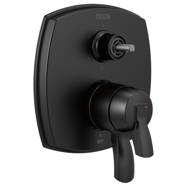 Delta Stryke 17 Series black integrated diverter trim with six-function diverter and single lever handle.