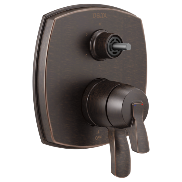 Delta Stryke integrated diverter trim in oil-rubbed bronze with single lever handle and upper diverter control.