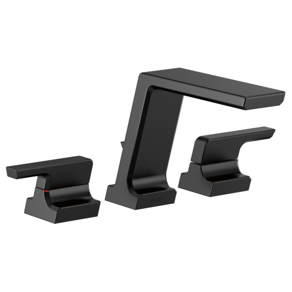 Matte black three-piece roman tub faucet trim with angled spout and lever handles on square bases.