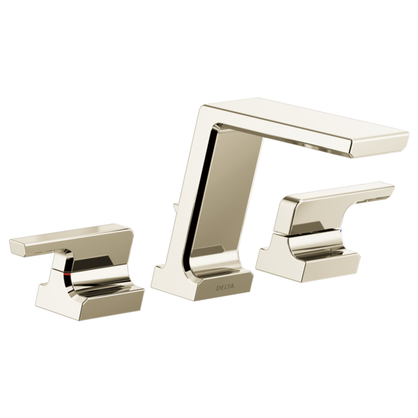 Polished nickel three-piece roman tub faucet trim with curved spout and lever handles.