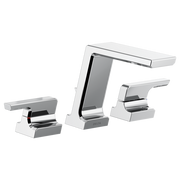 Chrome three-piece roman tub trim set with tall central spout and two lever handles on white bases.