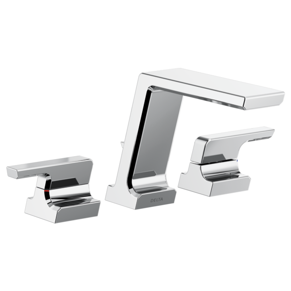 Chrome three-piece roman tub trim set with tall central spout and two lever handles on white bases.