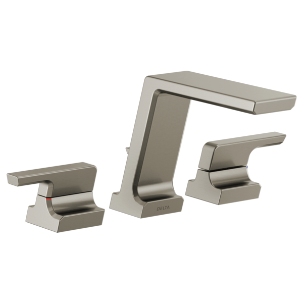 Brushed nickel three-piece roman tub faucet trim with curved spout and lever handles.