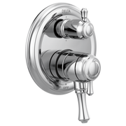 Delta Cassidy chrome shower valve trim with two stacked handles and integrated diverter on oval escutcheon plate.