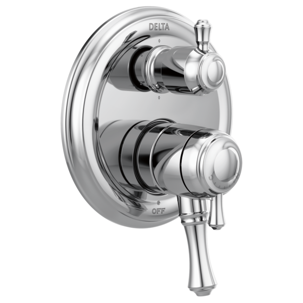 Delta Cassidy chrome shower valve trim with two stacked handles and integrated diverter on oval escutcheon plate.