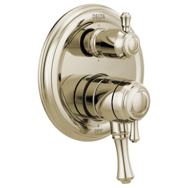 Polished nickel two-handle shower valve trim with oval escutcheon plate and lever handles.