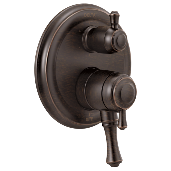 Oil-rubbed bronze Delta valve trim with dual round handles and integrated diverter lever on oval escutcheon plate.