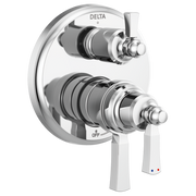 Delta chrome shower valve trim with two lever handles, diverter control, and circular escutcheon plate.