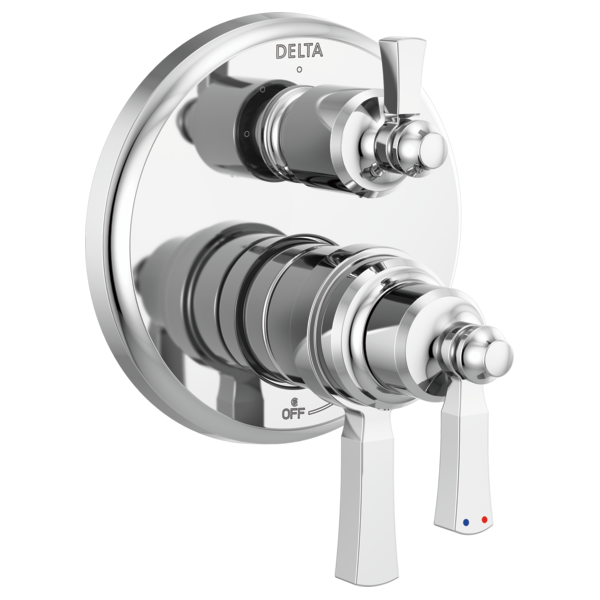 Delta chrome shower valve trim with two lever handles, diverter control, and circular escutcheon plate.