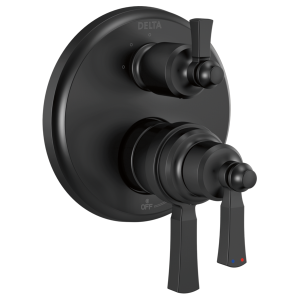 Matte black shower valve trim with two lever handles and circular escutcheon plate.