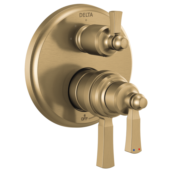 Champagne bronze dual-handle shower valve trim with diverter and lever handles on circular escutcheon plate.