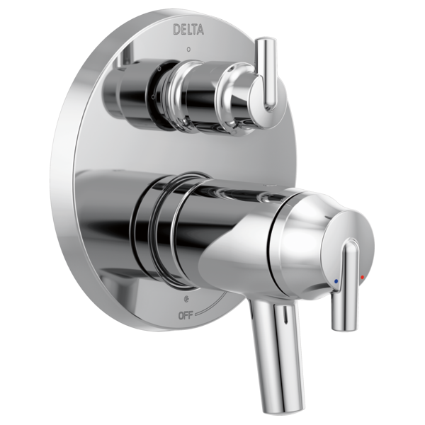 Chrome Delta shower valve trim with two lever handles, round escutcheon plate, and integrated diverter control.