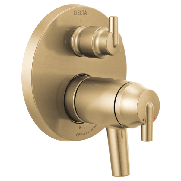 Champagne bronze Delta valve trim with two cylindrical handles and integrated diverter control on oval backing plate.