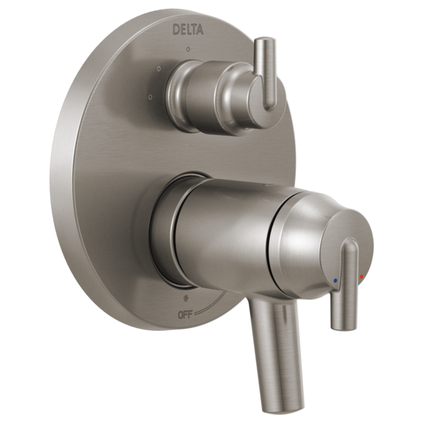 Brushed nickel Delta valve trim with two lever handles and round backplate, featuring integrated diverter controls.