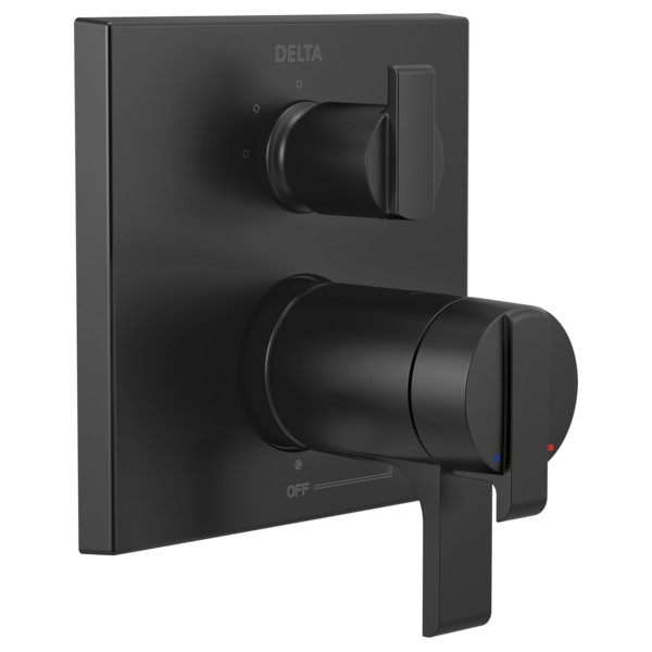 Black angular Delta valve trim with dual cylindrical handles, diverter control, and temperature indicator.