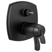 Black Delta Stryke thermostatic shower valve trim with integrated diverter and lever handle on rectangular escutcheon plate.