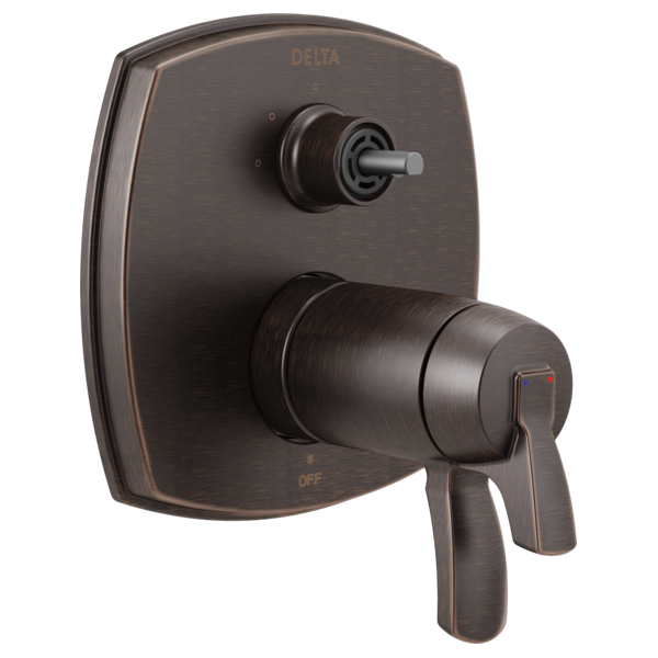 Delta Stryke thermostatic integrated diverter trim in oil-rubbed bronze with single lever handle and control valve.