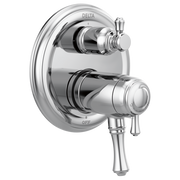 Polished chrome two-handle valve trim with circular escutcheon plate, upper and lower control handles, and integrated diverte