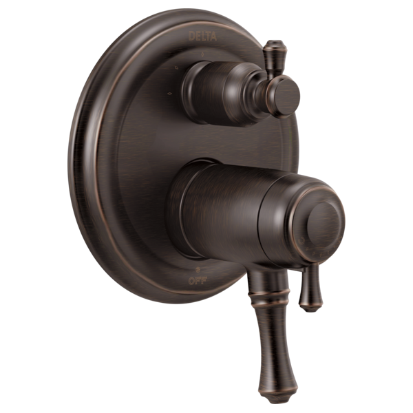 Oil-rubbed bronze two-handle shower valve trim with diverter lever and round escutcheon plate.