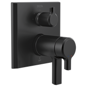 Black Delta valve trim with dual cylindrical handles mounted on square backplate, featuring integrated diverter control.