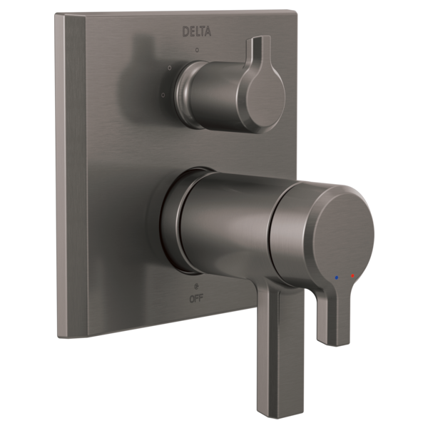 Gunmetal gray Delta valve trim with cylindrical handles and integrated diverter control on square backing plate.