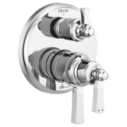 Chrome Delta shower valve trim with two rectangular lever handles and diverter control on circular trim plate.