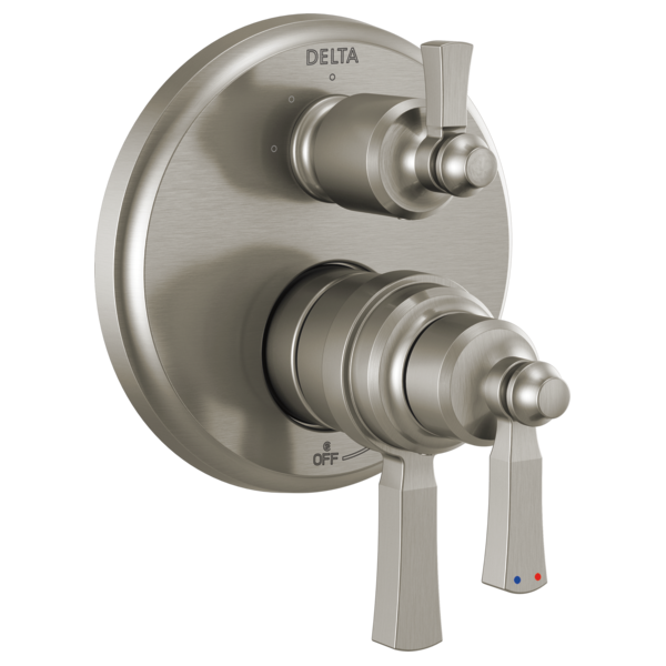Brushed nickel Delta Dorval shower valve trim with two rectangular handles and round escutcheon plate.