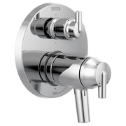 Chrome two-handle bathroom valve trim with integrated diverter and lever controls on circular backplate.