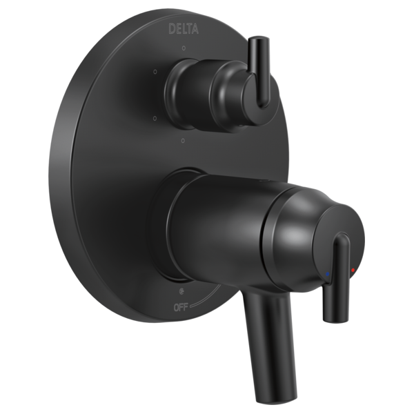 Matte black Delta shower valve trim with two lever handles and circular escutcheon plate.