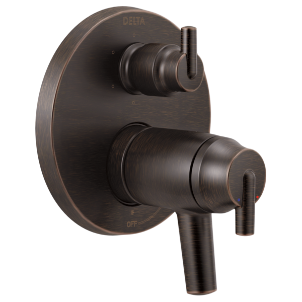 Delta Trinsic two-handle valve trim in bronze with cylindrical handles and integrated diverter control.