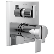 Delta Ara angular modern chrome valve trim with dual handles and integrated diverter on square escutcheon plate.