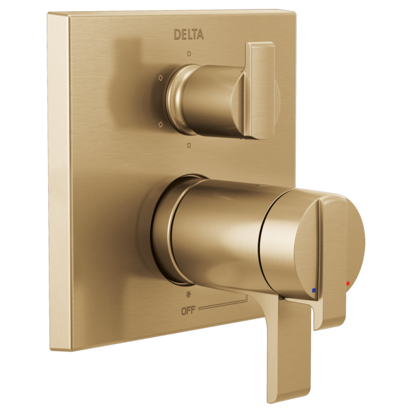 Champagne bronze angular valve trim with dual cylindrical handles and integrated diverter control on square escutcheon plate.