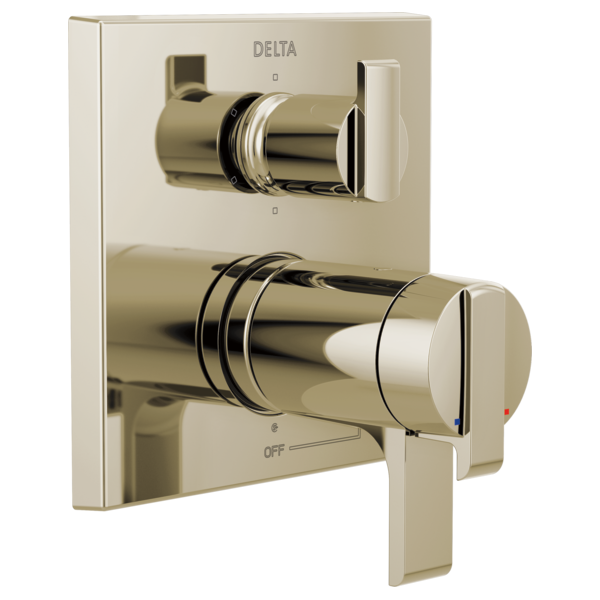 Delta Ara angular valve trim with champagne bronze finish, integrated diverter lever, and temperature control handle.