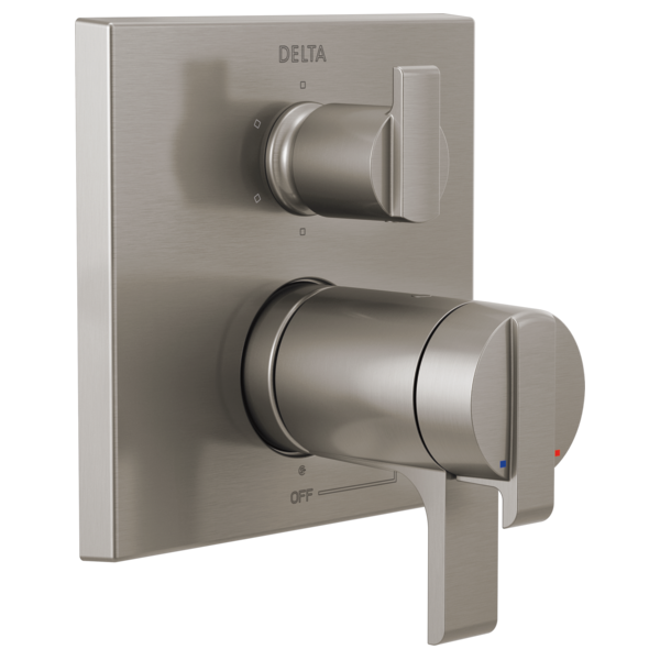 Brushed nickel Delta valve trim with cylindrical handles, upper diverter control and lower temperature lever with red and blu