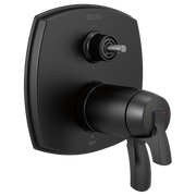 Black Delta Stryke thermostatic shower valve trim with integrated diverter and lever handle on square backplate.