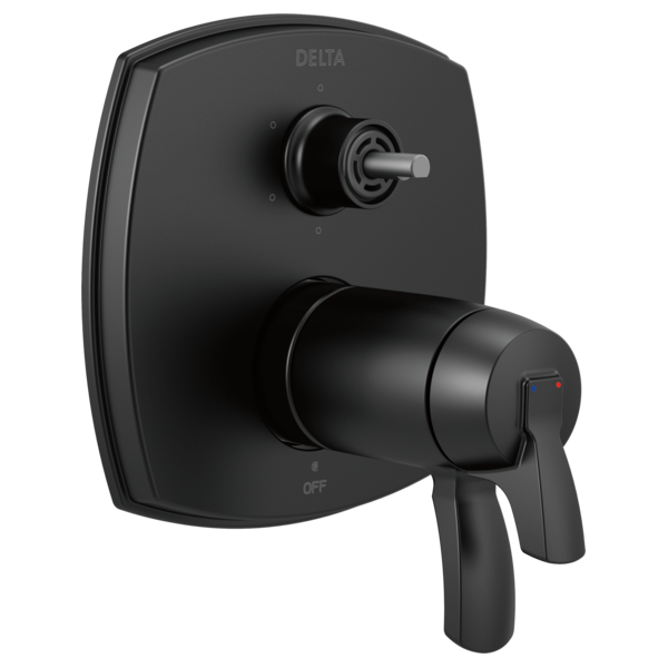 Black Delta Stryke thermostatic shower valve trim with integrated diverter and lever handle on square backplate.