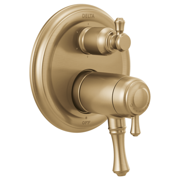 Champagne bronze two-handle valve trim with circular escutcheon plate and diverter lever on round backing.
