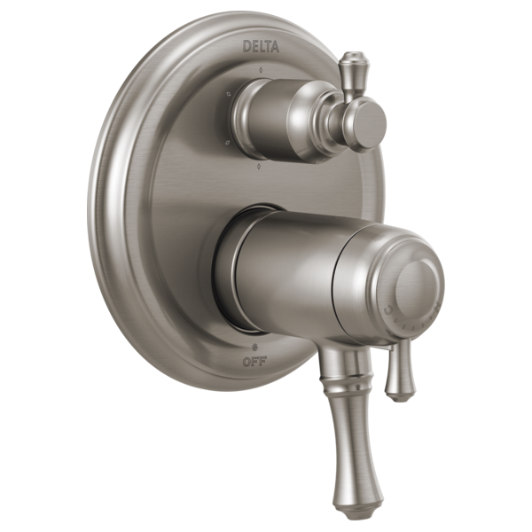 Brushed nickel two-handle shower valve trim with upper diverter control and lower temperature handle.