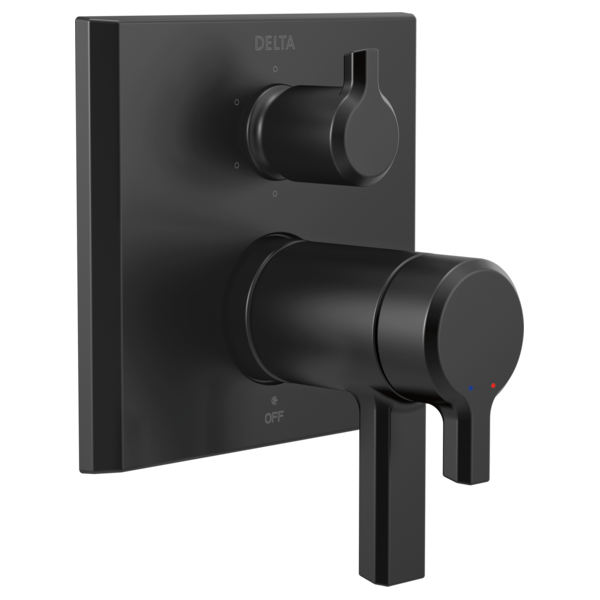 Matte black Delta valve trim with dual cylindrical handles and integrated diverter mounted on square escutcheon plate.
