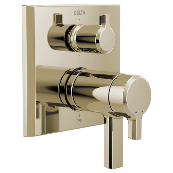Brushed gold Delta valve trim with dual handles, diverter lever, and temperature control on square plate.