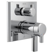 Chrome and black Delta valve trim with two lever handles mounted on square white plate with diverter control.