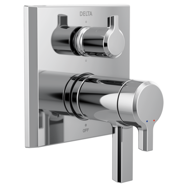 Chrome and black Delta valve trim with two lever handles mounted on square white plate with diverter control.