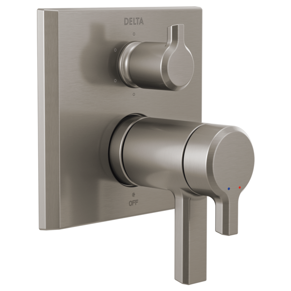 Brushed nickel Delta valve trim with cylindrical handles, upper diverter control and lower temperature lever with red and blu