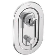 Chrome shower valve trim with single lever handle and diverter control mounted on oval plate.
