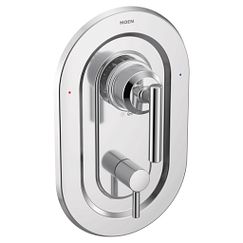 Chrome shower valve trim with single lever handle and diverter control mounted on oval plate.