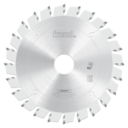 Freud 120mm conical scoring saw blade with multiple angled teeth arranged around silver steel body.